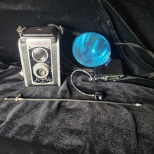 Vintage Kodak Duaflex III Camera with Blue Lense Covered Flash And Equipment