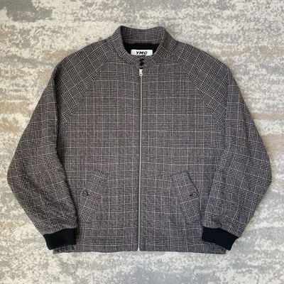 YMC Mens Jacket Large Grey Wool Seersucker Check Harrington Oversized Zip Up
