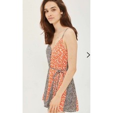 Topshop Red Black Floral Romper V-neck Tie Waist Sleeveless Womens 4 Boho Fairy