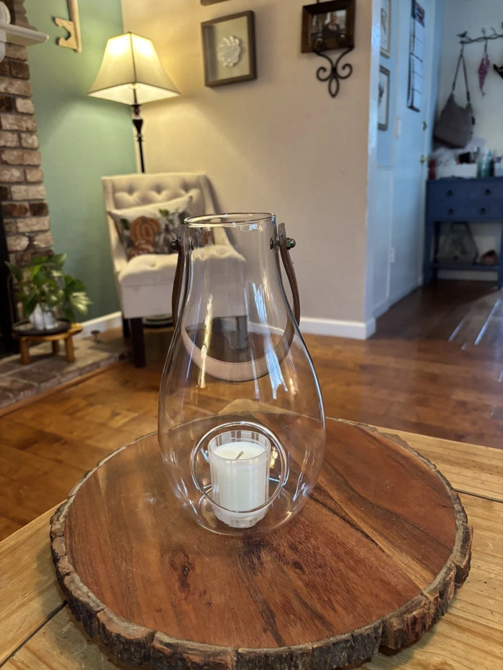 Pottery Barn Holmegaard 10” Glass Lantern W/Brown Leather Handle & Round Opening - Image 3 of 4