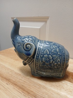 Baan Celadon Blue Elephant Crackle Glaze 6'' x 5'' Ornate Ceramic Thailand
