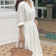 Women Cotton Blend Dress V-neck Long Belt Button Loose Casual White Black