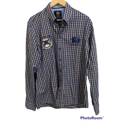 Culture der trend button down mens blue brown plaid polo club shirt Large