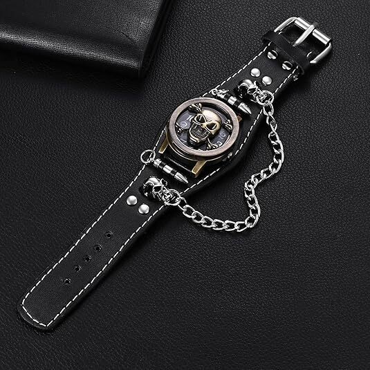 Men's Punk Style Black Wide Leather Watch Gothic Skull Bullet