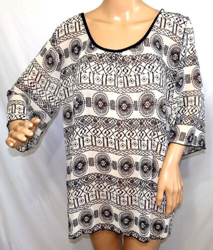 Sweet Candy Women Plus Size 1x 2x 3x  Sheer Chiffon Ivory Black Aztec Top Blouse - Picture 1 of 15