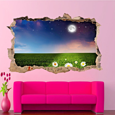 Blumenfeld Nacht Mond Wandsticker 3D Kunst Poster Aufkleber Wandbild Zimmer Büro SQ4