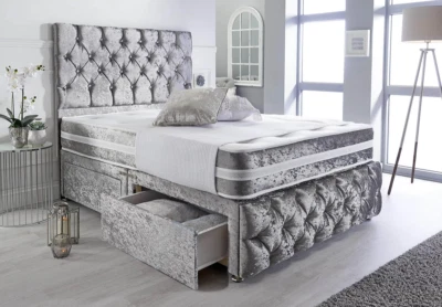 UK DESIGN BRAND NEW | CRUSHED VELVET DIVAN BED WITH MATCHING MATTRESS AND HEADBOARD 24 "