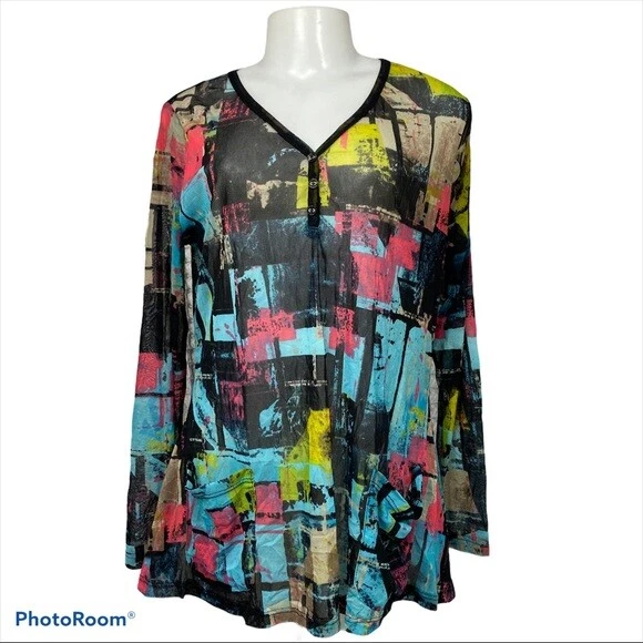 Lynn Ritchie Silvers Art Цветная Прозрачная Сетка Кубистская Кисть Мазок Топ M - Изображение 2 из 4