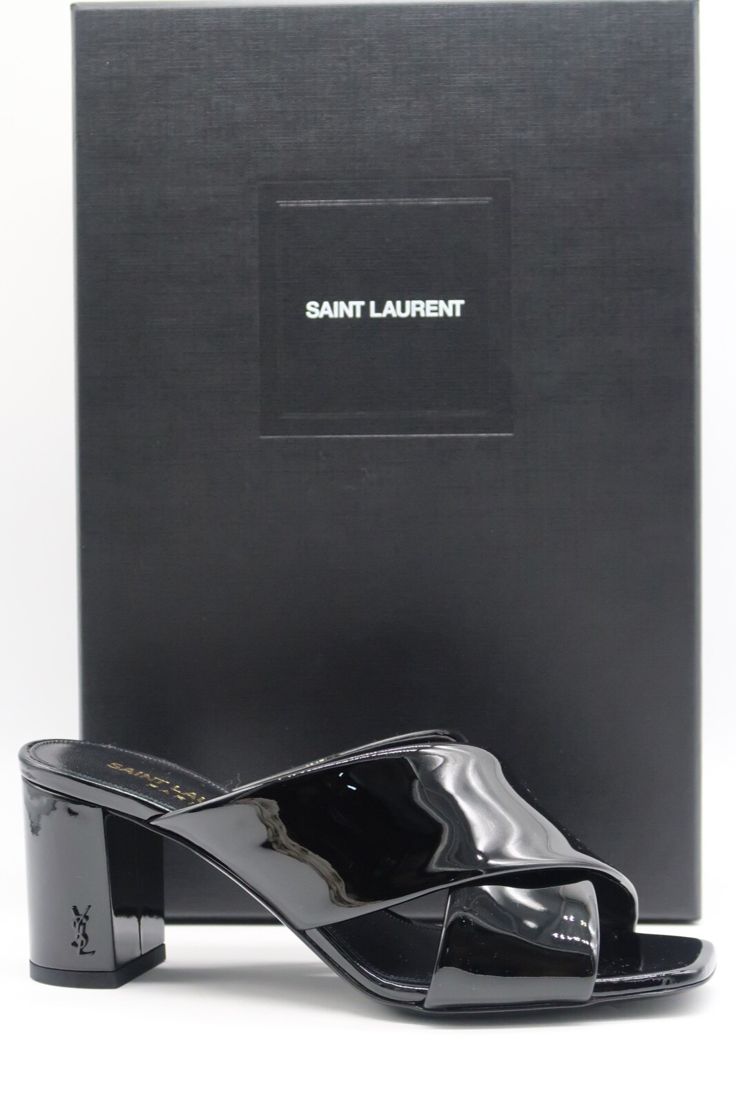 YSL SAINT LAURENT Loulou Mule sandalo nero vernice tacco medio taglia 35 NUOVO