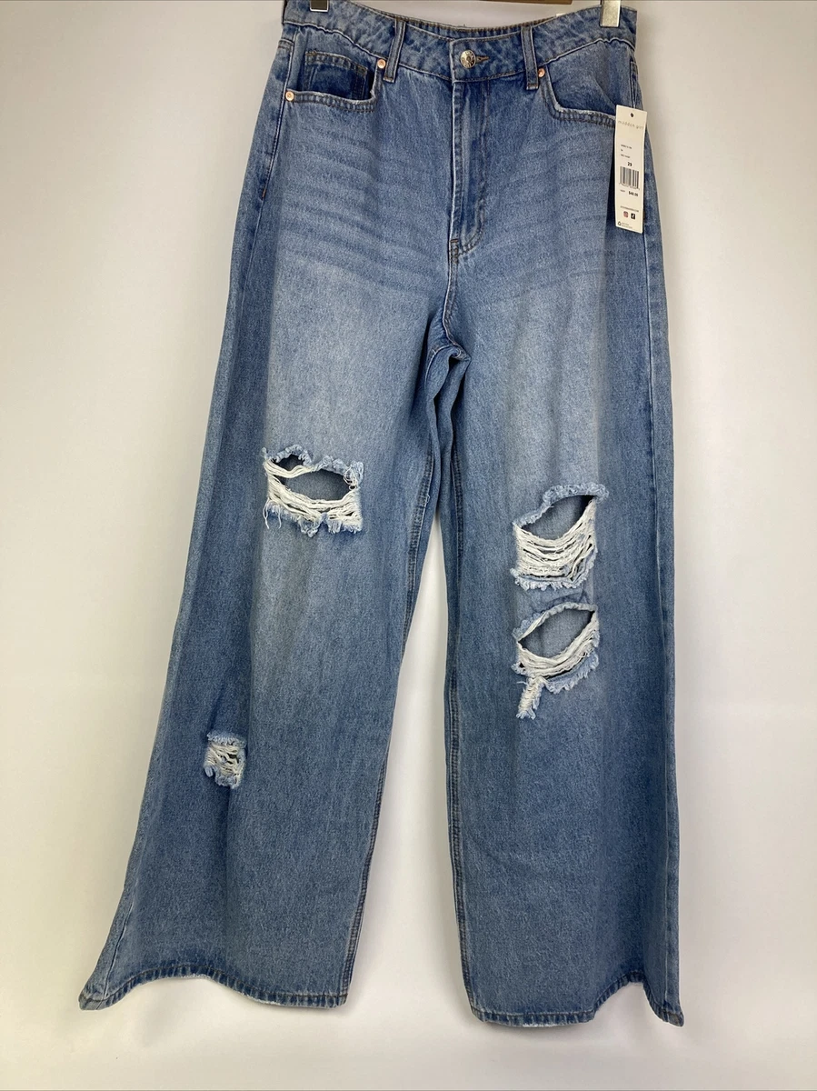 Madden Girl Maya Baggy High Rise Wide Leg Sz 29 Med Wash Distressed Skater Jeans