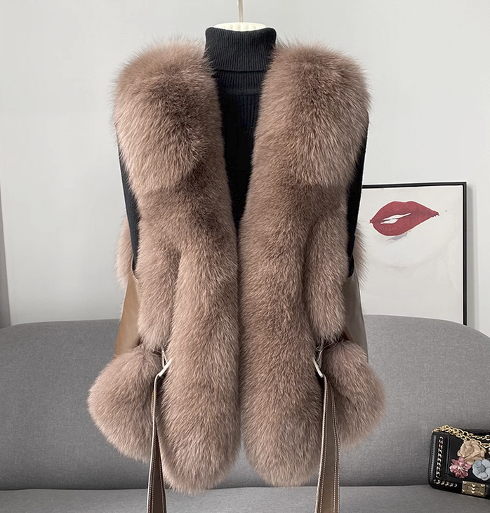 Women Real Fox Fur Vests Luxury Fluffy Gilet Leather Belt Waistcoat Winter