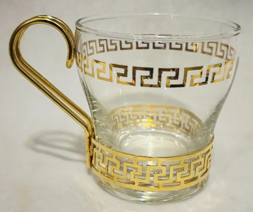 VTG Libbey Gold Greek Key Glass Set 6 Continental Coffee Tea Cups Brass Holder