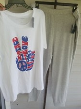 Lucky Brand Peace Love Tee Joggers SET White/Gray Size XL/1X Stretchy NWT 110