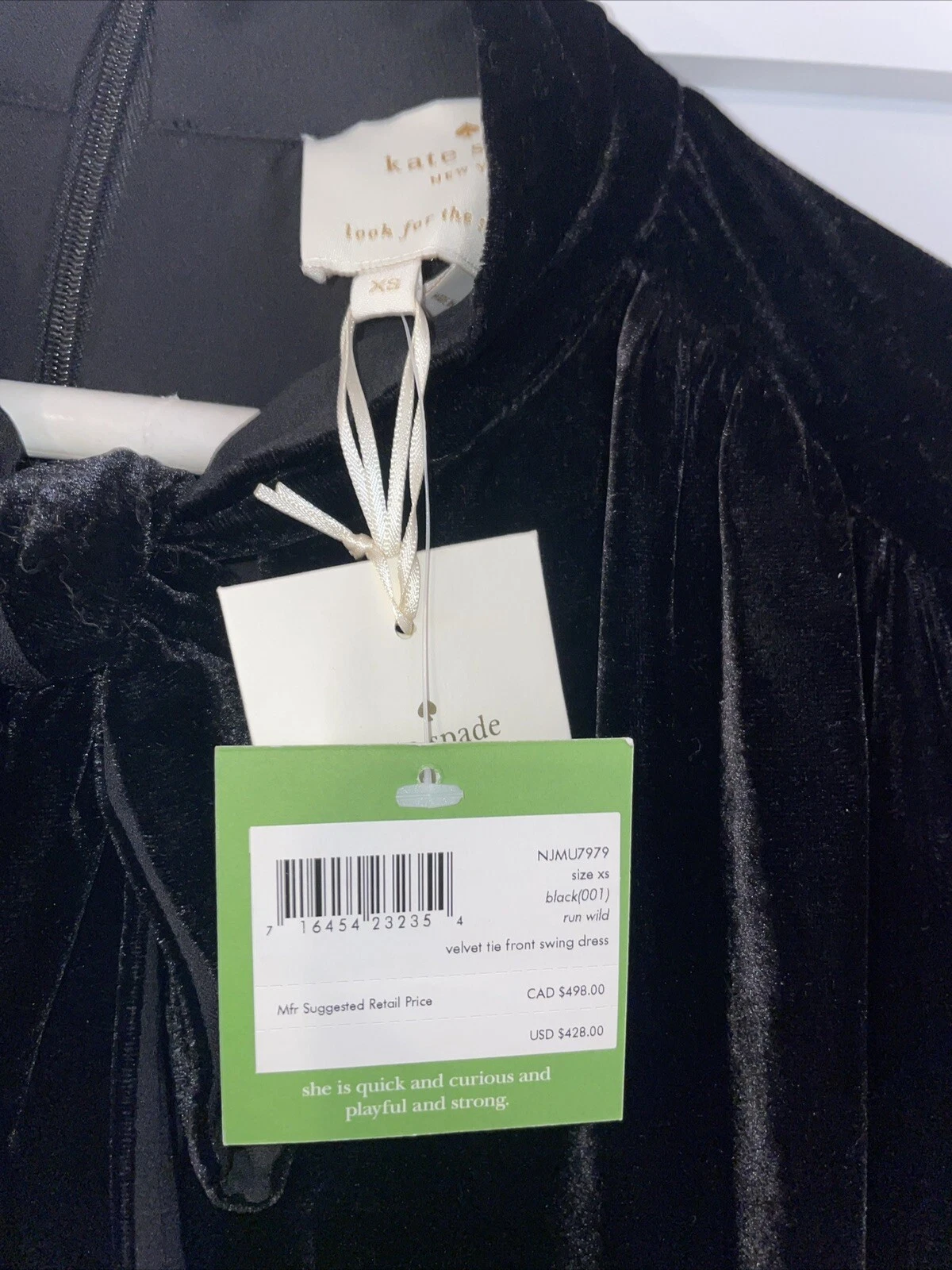 Mini Abito Kate Spade Nero Velluto Cravatta Cambio Anteriore Orlo Increspato Taglia XS NUOVO CON ETICHETTE