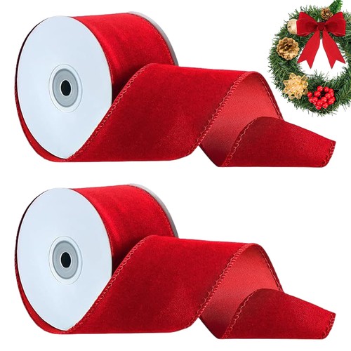Velvet Ribbon 2 Rolls Packaging Wired Ribbon Double-Sided Christmas Velvet Ribbo - Picture 7 of 12