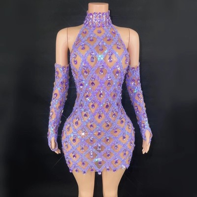 Women Sparkling Rainestone Sexy Bodycon Mini Dress Singer Dancer Stage Wear