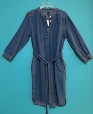 NWT Gap Blue Denim Cotton 3/4 Sleeve Belted Dress With Puff Sleeve L/XL Tall