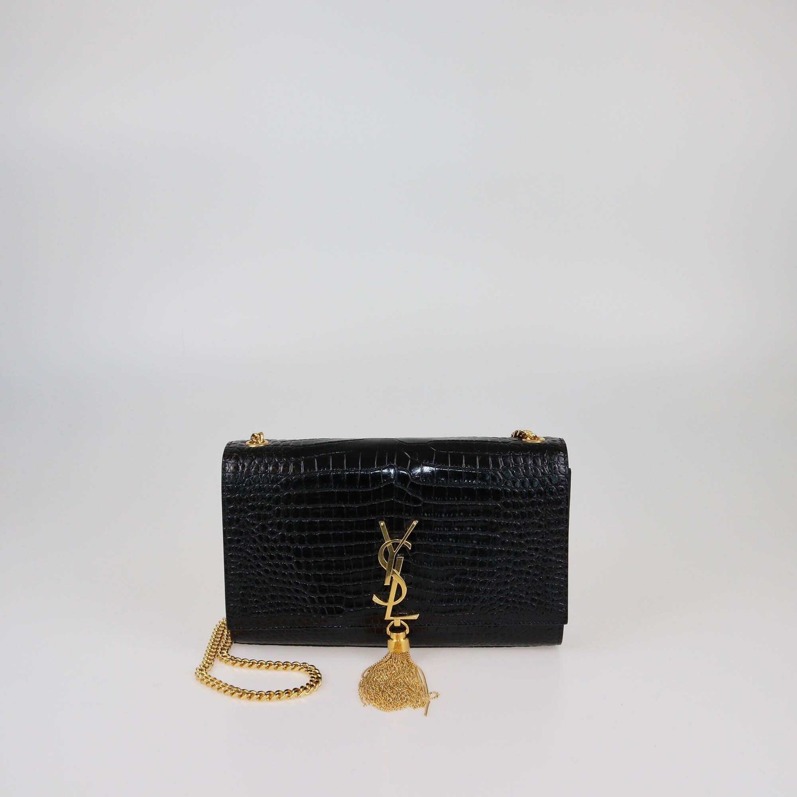 Borsa a tracolla Saint Laurent nera croc goffrata media nappa Kate
