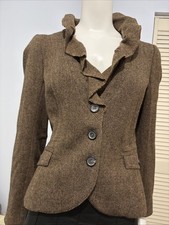 Zara Blazer Womens Brown Houndstooth Pattern 100 Wool Lined Ruffle Collar Sz M