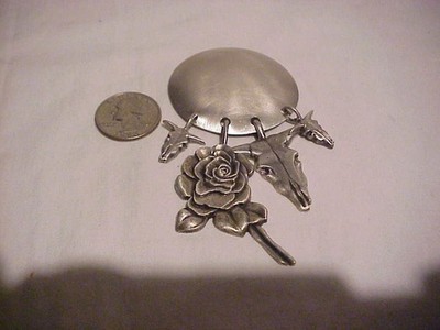 Audrey Schenk Sterling Silver Steer Bull Skull & Rose Brooch Pin
