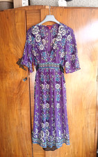 Monsoon Purple Patterned Silk Chiffon Floaty Boho Peasant Tunic Dress Size 10