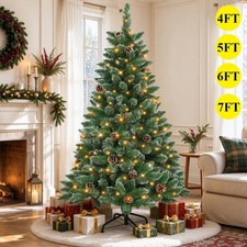 4/5/6/7ft Snow Flocked Artificial Christmas Tree with Lights Bushy Branch Tips