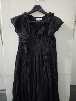 Apiece Apart Dress Womens 4 BLK Rafaela Ruffle Tassel Tie Cotton Lagenlook Boho