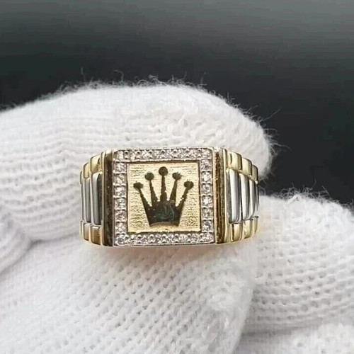 2ct Lab Created Diamond Men's Rolex Crown Band Ring 14K Two Tone Gold Plated