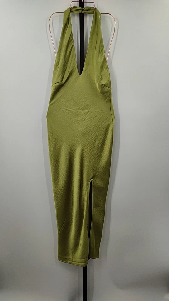 Lulus Beyond Classy Chartreuse Satin Halter Midi Dress Green Basic Sleeved Small