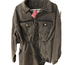 NWT Pretty Little Thing Black Denim Mini Dress 6 Or Top Rivets Pockets L Sleeve