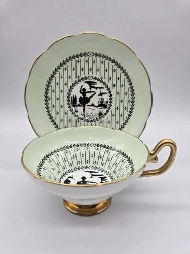 Taylor & Kent Bone China Ballerina Pattern Tea Cup And Saucer Mint Green Vintage