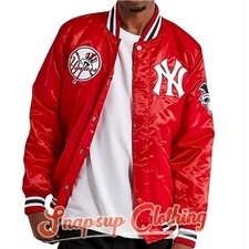 1990's CLASSIC NY YANKEES RED SATIN RETRO STYLE BOMBER NY FANS VARSITY JACKET