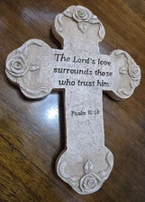 9" Hanging Cross Decor Pottery Stone Christianity Psalms 32:10 God's Love