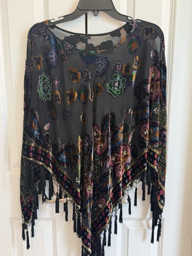 Vintage Velvet Burnout Poncho Beaded Fringe Top Whimsigoth Stevie Nicks Boho