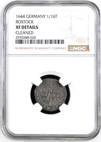 1644 German States Rostock 1/16 Thaler, NGC XF Details- Cleaned, KM-82, Germany