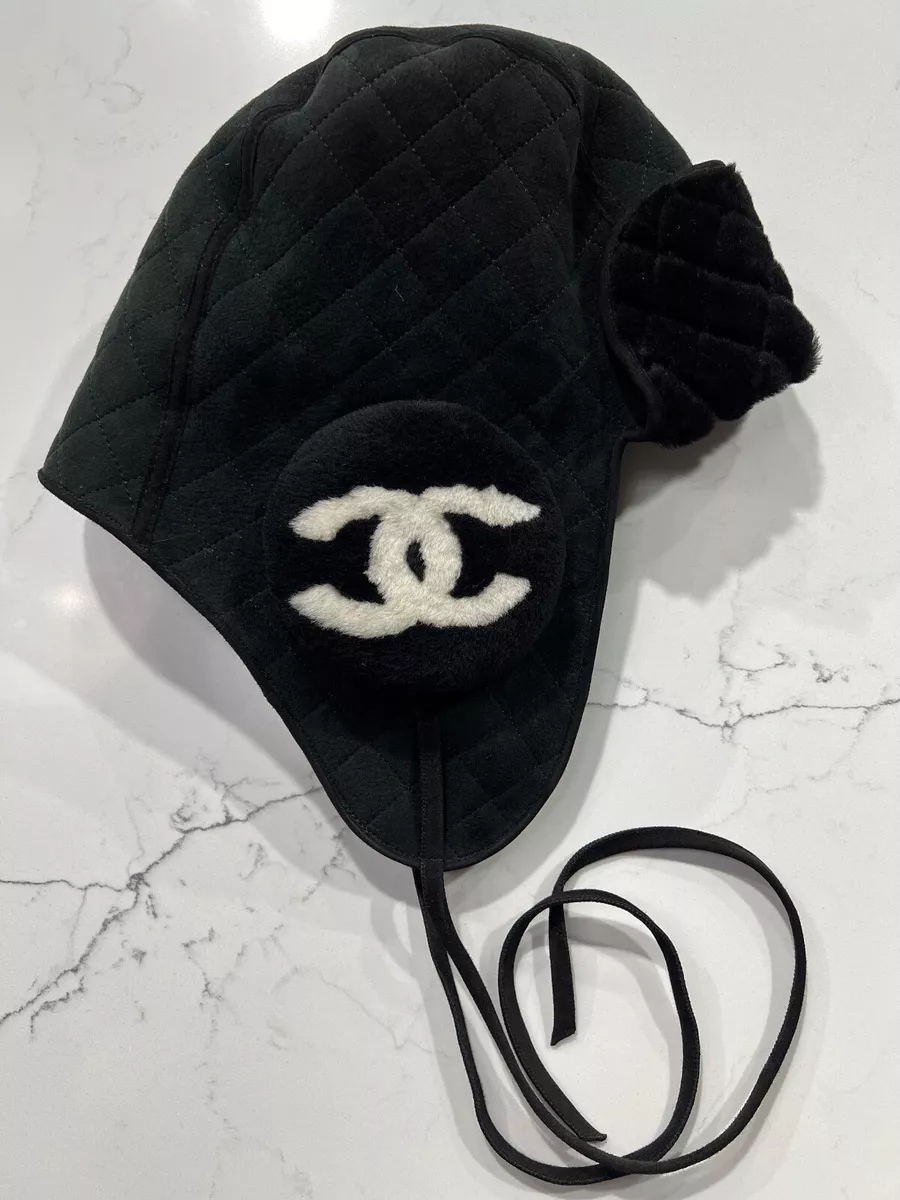 Chanel 22B Black White Suede Quilted Shearling Fur CC Logo Chapka Winter Hat