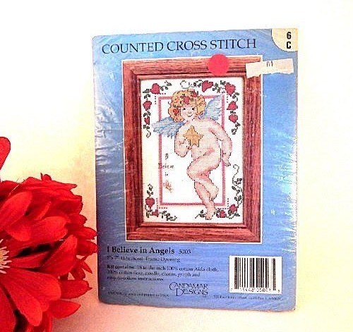 Counted Cross Stitch Kit I Believe in Angels 5"x7" Aida Cloth Framable VTG 1994 - Picture 5 of 5