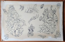 ORIGINAL Vintage 1980's Shop Used Tattoo Flash Production Sheet Poseidon, Fish