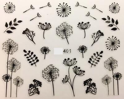 Nail Art Wasseraufkleber Transfers Aufkleber schwarz Löwenzahn Gelpolitur (E400)