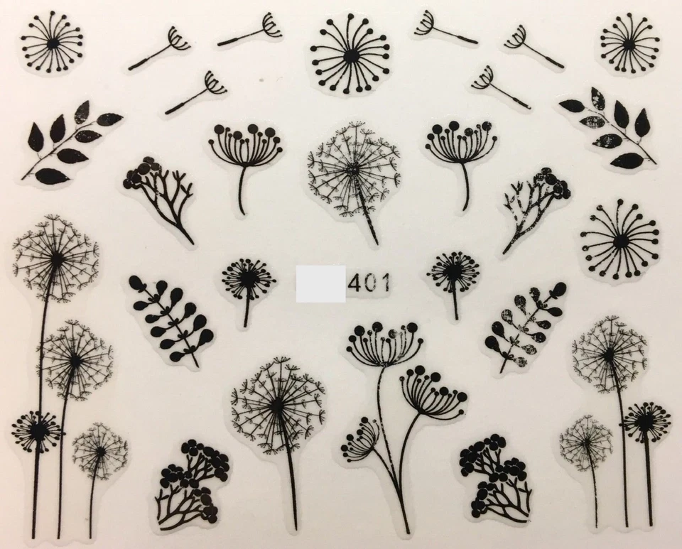 NAIL STICKERS DANDELIONS BUTTEFLIES Nail Art Wasseraufkleber Transfers Aufkleber schwarz Löwenzahn Gelpolitur (E400)