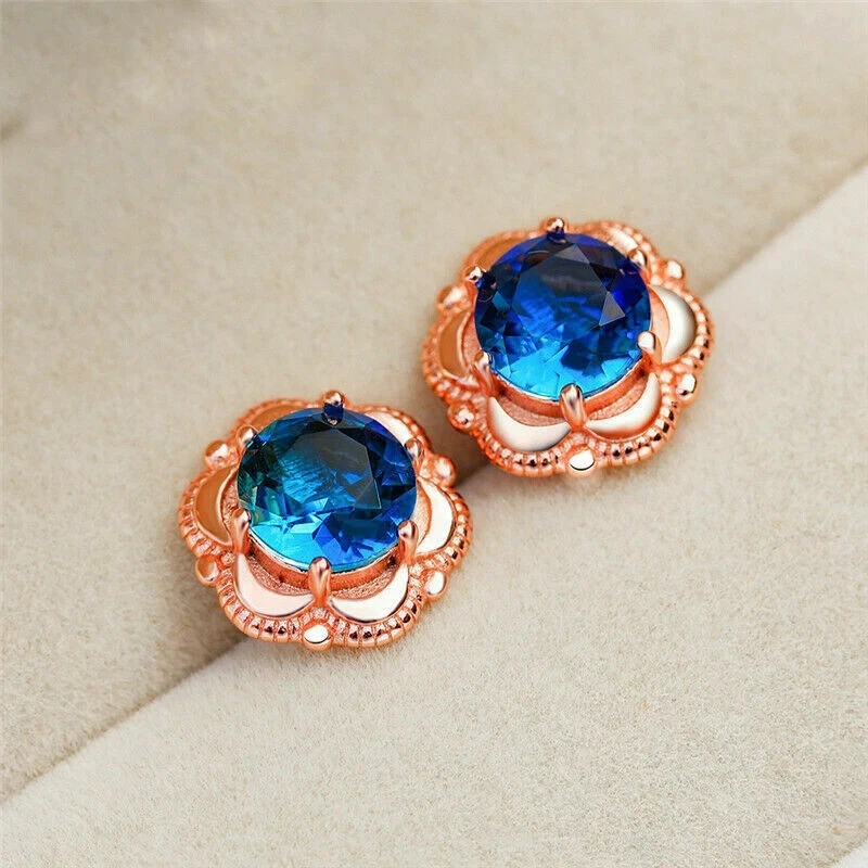 2 CT Round Simulated Blue Topaz Flower Shape Stud Earrings 14k Rose Gold Plated - Image 2 of 4