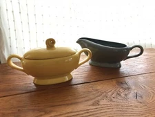 California Modern Santa Anita Ware bright yellow covered sugar and gray creamer