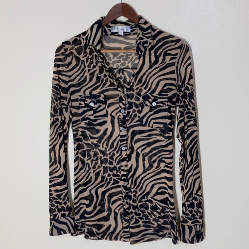 S Line Womens Sheer Shirt Animal Print Size S Button Down Sheer Long Sleeve Sexy