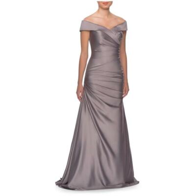 NEW, LA FEMME Platinum 28103 Off Shoulder Ruched Satin Formal - Size 14 #D4660