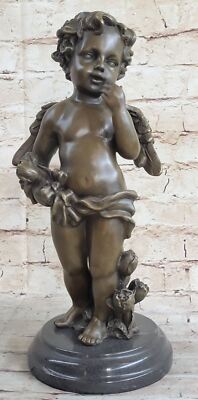 Rare Bronze Cupid Cherub Signed Statue Marble Base Eros Love Moreau Artwork NR
