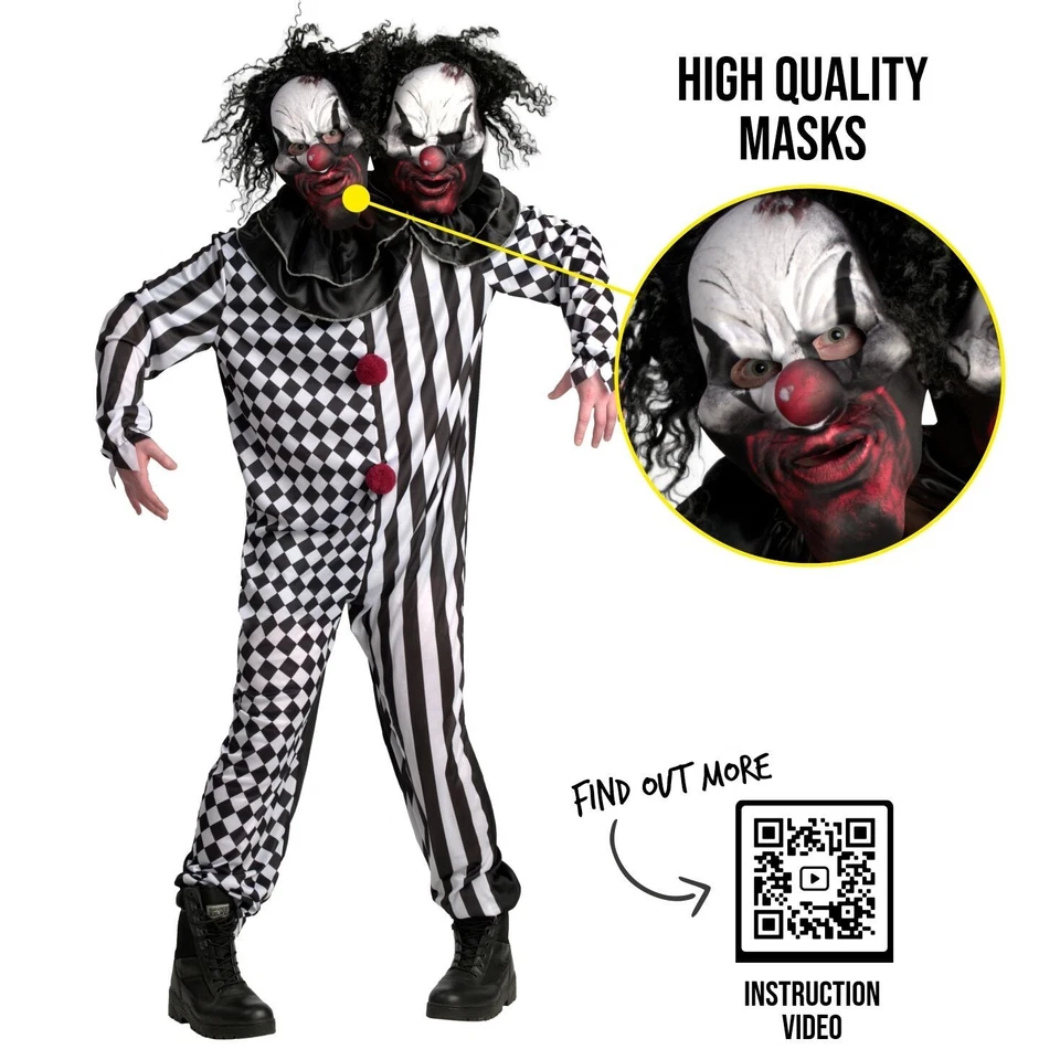 Adult 2 Headed Killer Clown Costume Mens Womens Scary Halloween Double Head Suit - Image 3 of 4