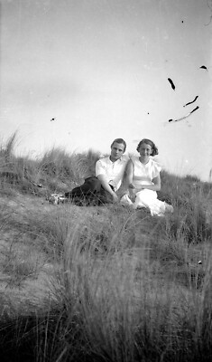 Portrait Couple Young Man Woman Sitting On Dune - Negative Photo Vintage 1930