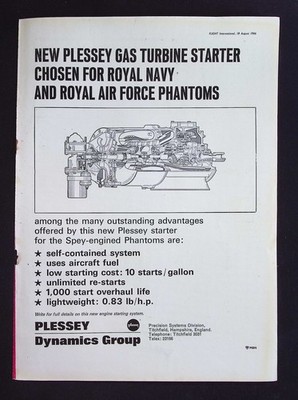 Original 1966 Werbung Plessey Gasturbinenstarter RAF Phantom Strahltriebwerk