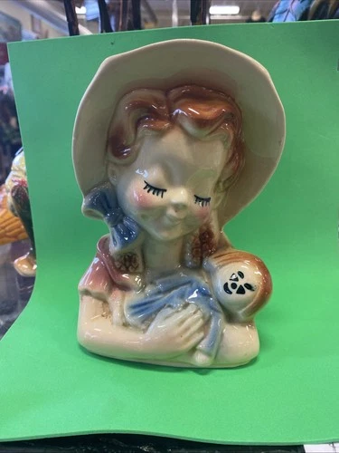 1940’s SHAWNEE POTTERY WALL PLANTER VASE #810 Redhead Girl w/ Baby Rag Doll