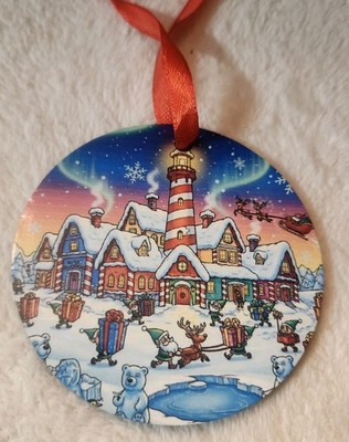 NEW Handcrafted Sublimated 3 1/4 Round Christmas Ornament ''Santa's Busy Village''